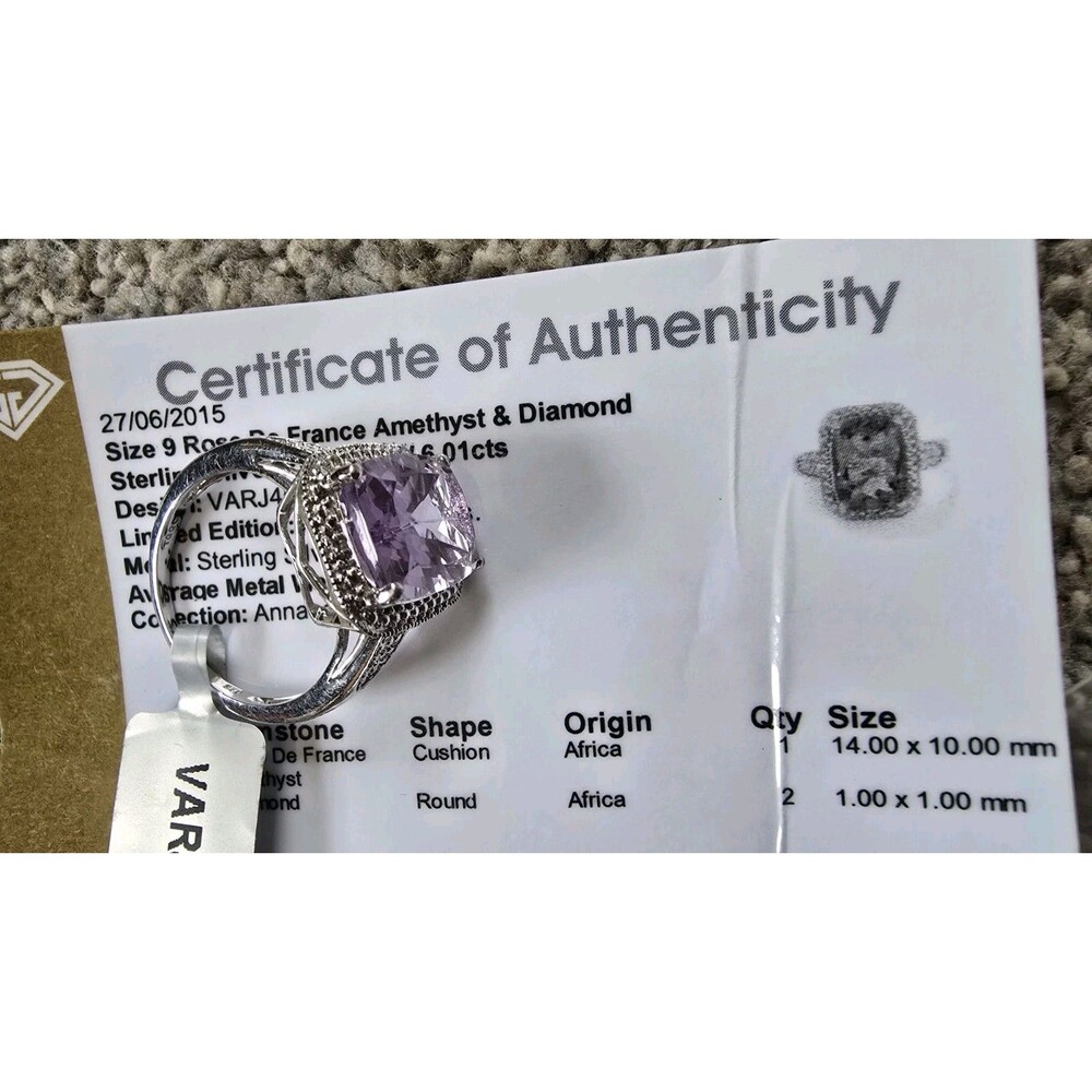 ROSE DE FRANCE"ANNABELLA" SIZE:9 SILVER AMETHYST/DIAMOND RING 1 OF 200 MADE!